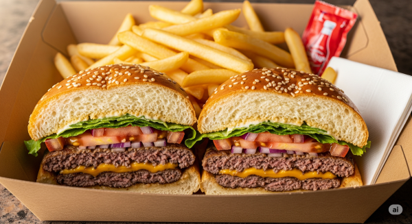 半分にカットされたハンバーガーのイメージ画像