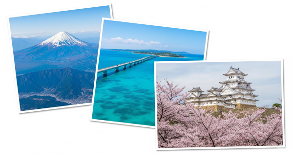 富士山、沖縄の海、姫路城の絶景風景のイメージ画像