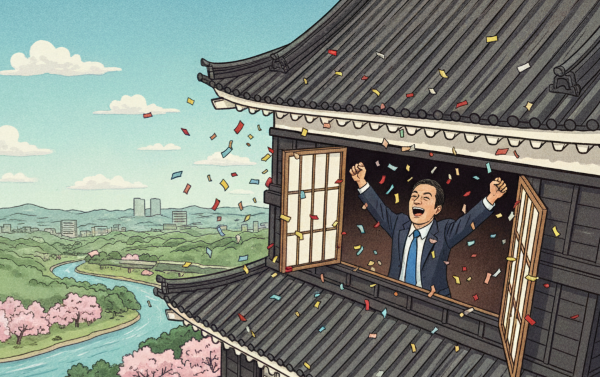 城で喜びのガッツポーズをする男性のイメージ画像
